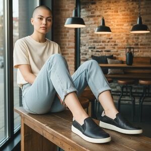 UGG Black Leather Slip-On Sneakers Women’s 7.5 Casual Comfort Everyday Shoes